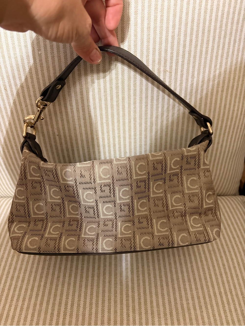 Liz Claiborne Beige Monogram Shoulder Bag with Dark Brown Strap